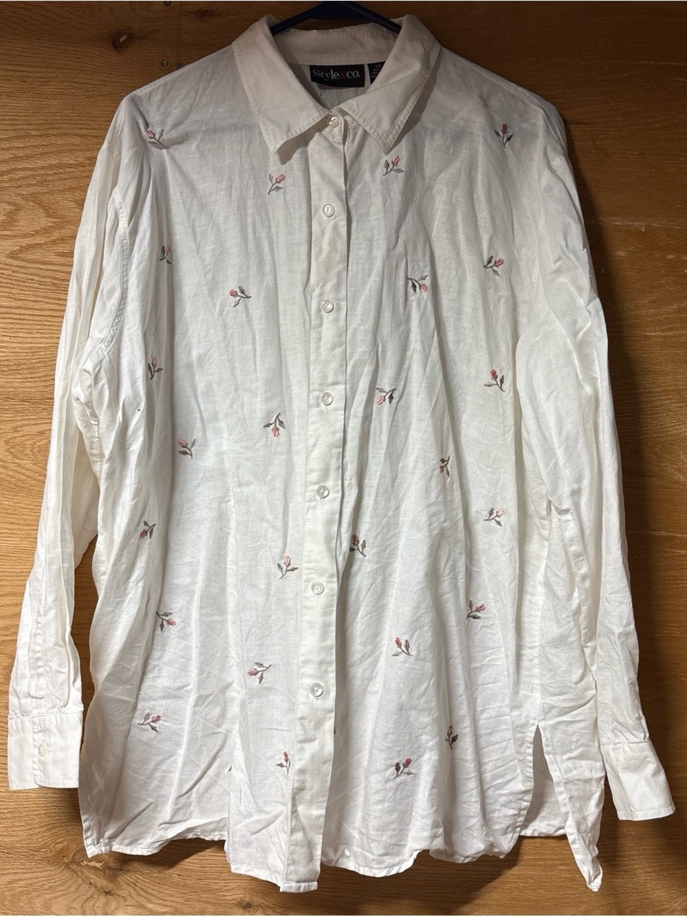Style & Co. White Button-Down Shirt with Pink Roses Embroidery